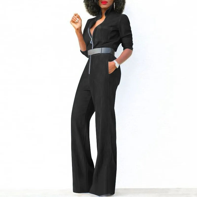 2024 Spring New Women's Jumpsuit Street Style Retro Washed Denim Fabric Lapel Half Open Long Sleeved Women's Jumpsuit