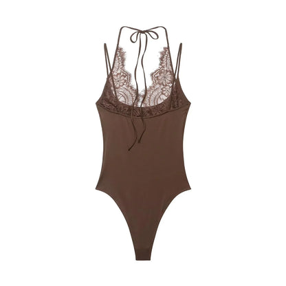 KONDALA Trendy Party Sexy Women Jumpsuit Patchwork Lace Halter Backless Bodysuit New Fashion 2026 Spring Summer Holiday Jumpsuit