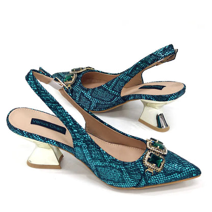 Newest Style Teal Sky Color Platform Design Peep Toe Ladies Shoes Matching Bag Set For Mature Women Heel Party Pump