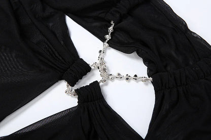 Prom Party Gown Dress Woman Sexy See Through Luxury Chain Halter Low-Neck Backless Sleeveless Midnight Elegant Vestidos