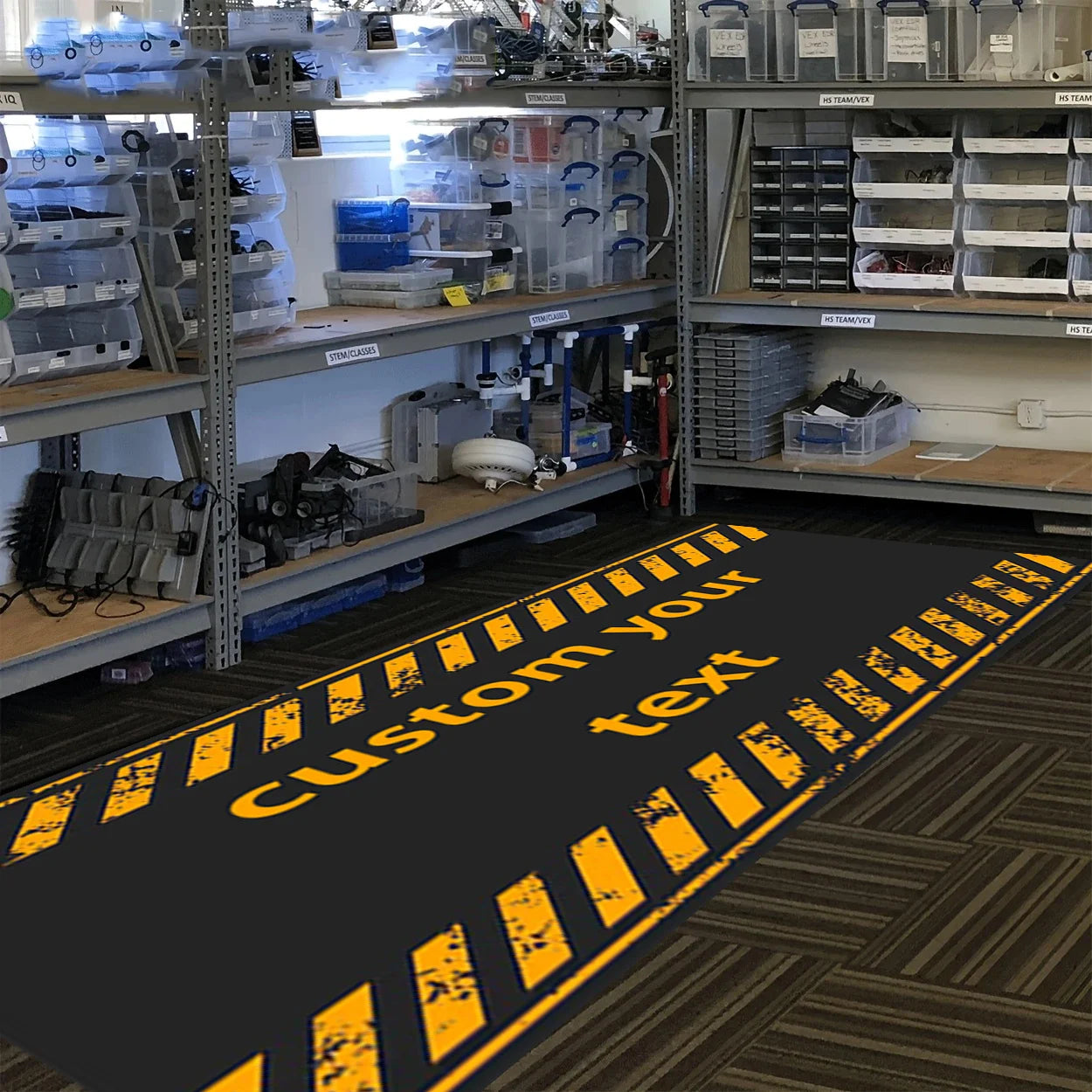 VIKAMA Motorcycle Garage Floor Mat, Warning Stripe Oil-Resistant Workshop Rug, Personalized Biker Decor Carpet