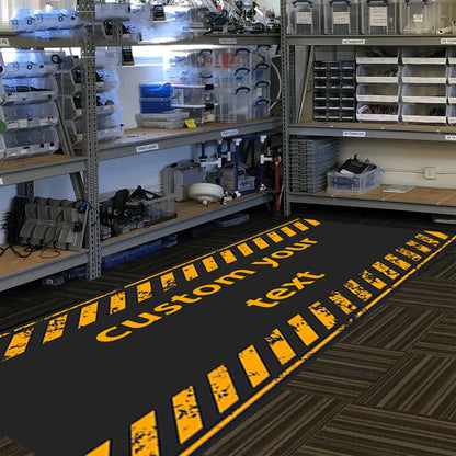 VIKAMA Motorcycle Garage Floor Mat, Warning Stripe Oil-Resistant Workshop Rug, Personalized Biker Decor Carpet