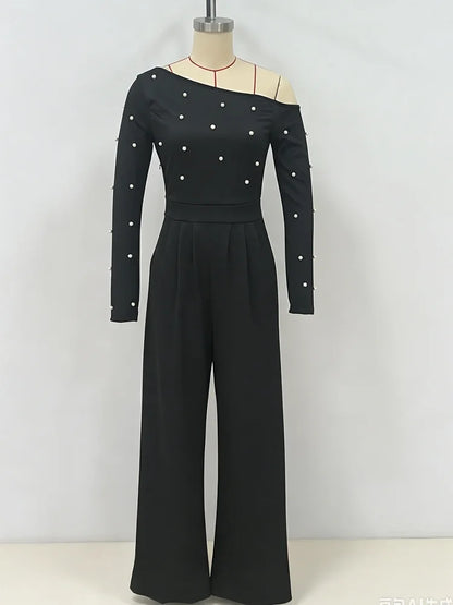 Fashion Beaded Slant-neck Women's Jumpsuit Long Sleeve Wide Leg One Piece Outfit 2026 New Autumn Commute Lady Jumpsuits