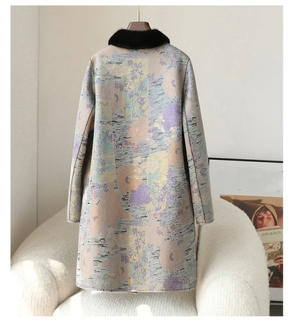 PUDI 2024 Hot Sale Women Sheep Shearling Print Coat Female Full Pelt Fur With Mink Fur Collar Winter Jacket  CT440