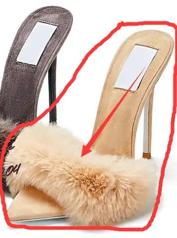 Surkova Sky Blue Black Luxury Fur Embellished Sandals Suede Thin High Heel Slippers Steel Tip Toe Slip-on Evening Shoes Size46