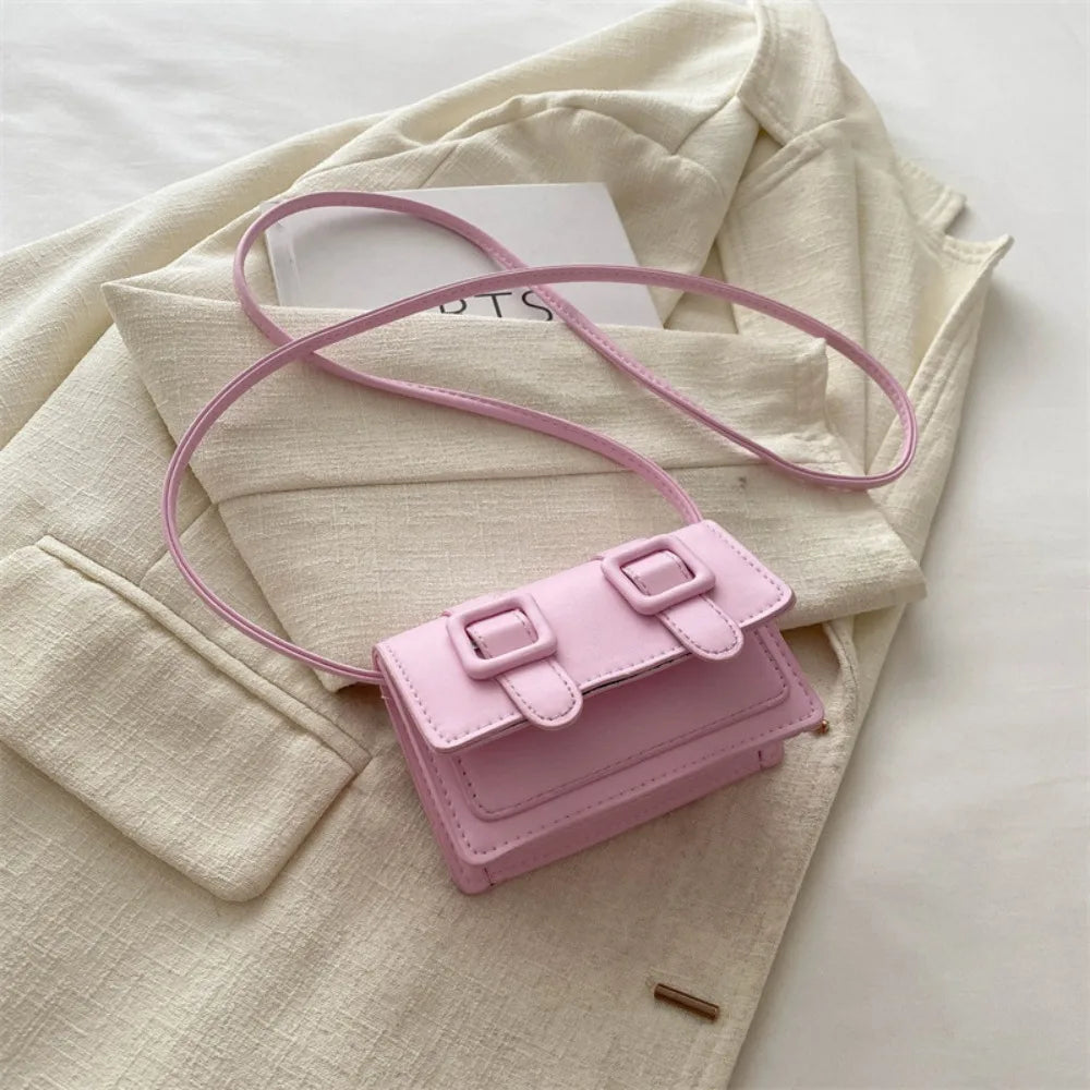 Fashion Mini Messenger Bags Solid Color Buckle Shoulder Bag PU Leather Crossbody Bags Ladies