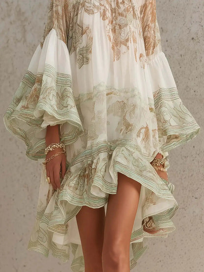 2026 New European and American Style Printed Lotus Leaf Hem Dress for Women, Vacation-Inspired, Loose Fit, Flowing, Stylish Shor