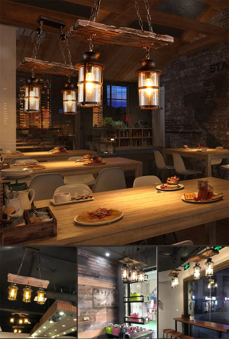Retro Wood E27 LED Ceiling Lamp Antique Industrial Chandelier Lighting LOFT Bar luminaire Vintage Pendant Lights lustre