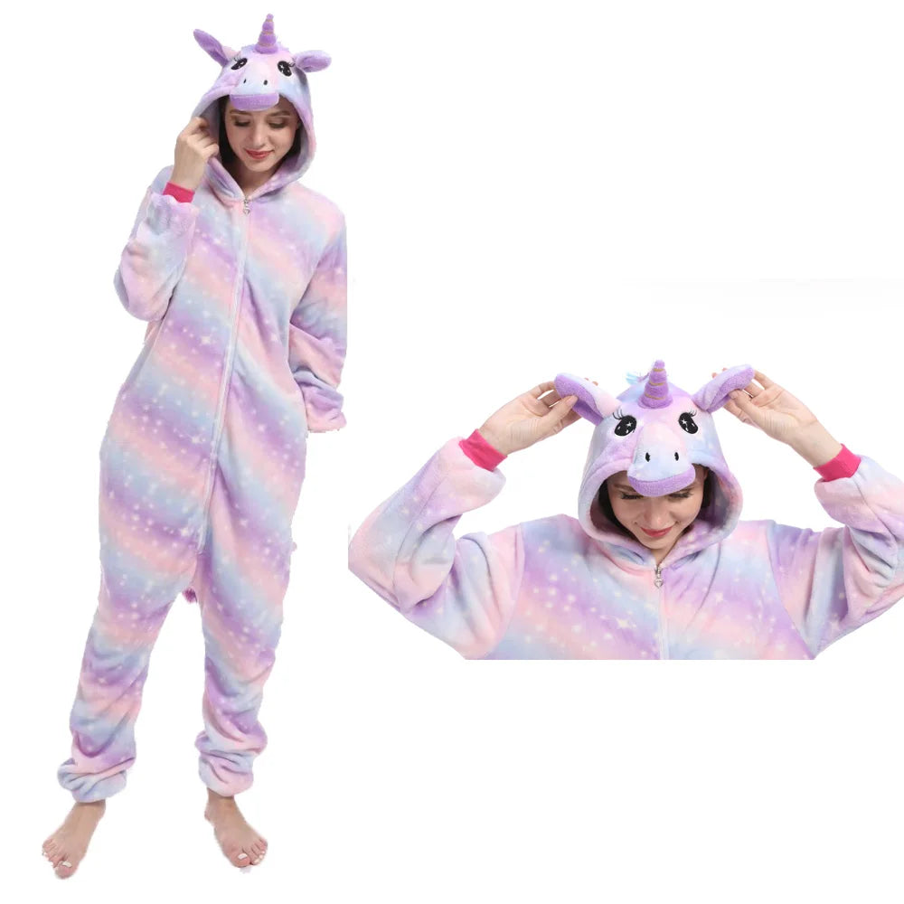 Adults Animal Cosplay Pajamas Flannel Onesies Costume Jumpsuit Pajamas Hooded Sleepwear Halloween One Piece for Performing