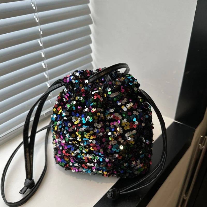 Shiny Sequin Drawstring Shoulder Bags for Women, Mini Crossbody Purse ,Sparkly Evening Handbag Suitable for Party Night Out