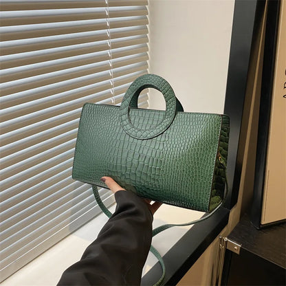 Women's Crocodile Pattern PU Leather Handbags Green Square Bag Fashion Brand Shoulder Messenger Bags Female Clutches