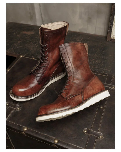Fashion Men's Cow Genuine Leather Motorcycle Boots Brogue Shoes Retro High Round Toe Mid-calf Western Chelsea Riding Boots