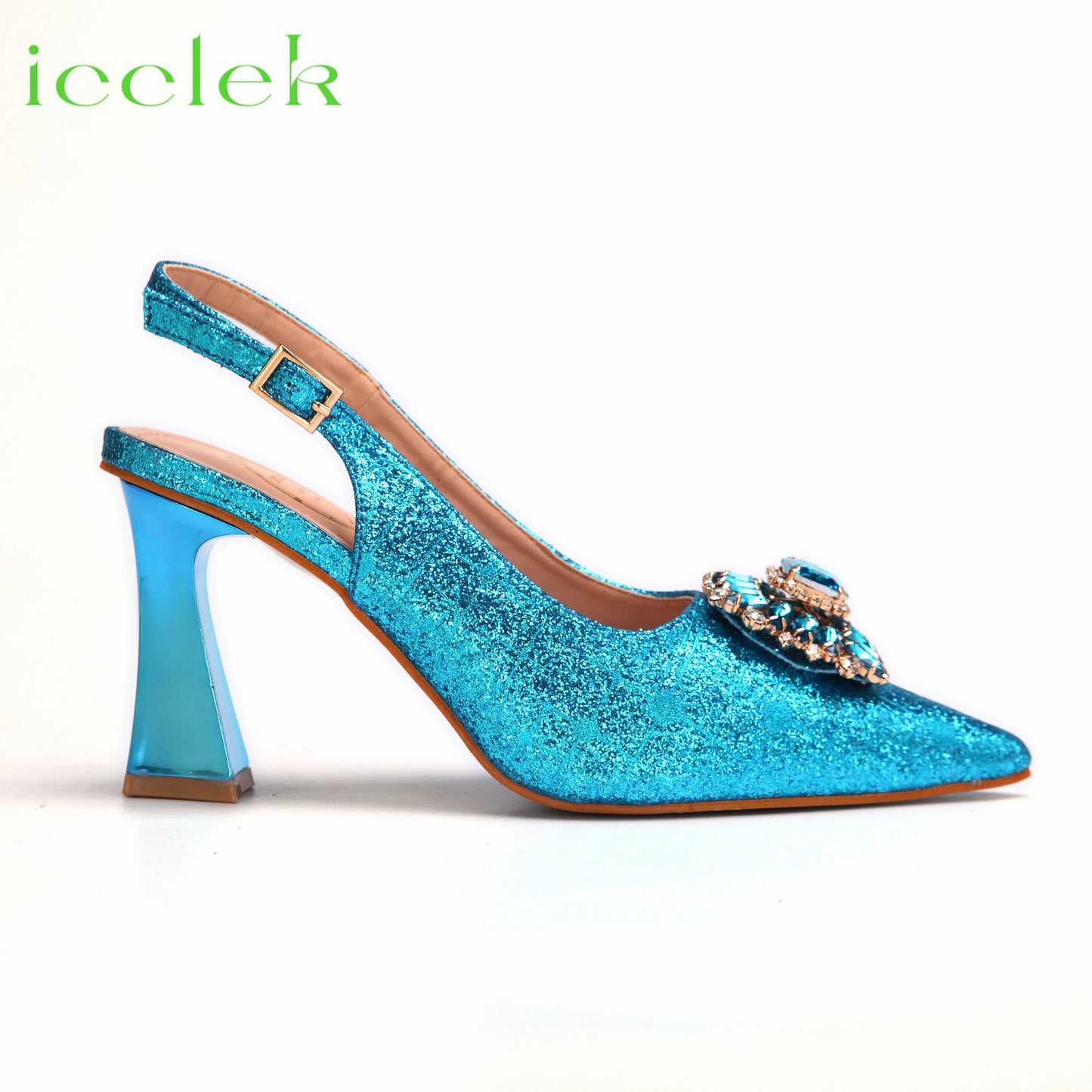 Women High Heels Sandals Shinning Material with Rhinestone Italian Design T.Blue Color Pointed Toe Shoes and Bags Set