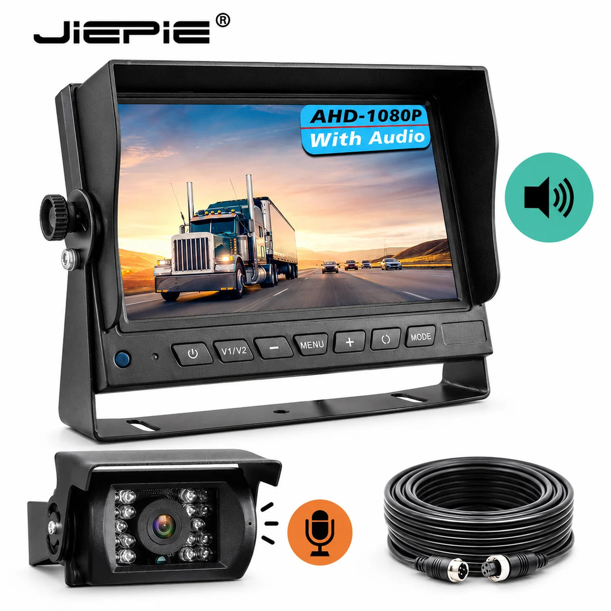 Truck Reverse Camera System with Sound, 7" AHD Monitor with Speaker Reversing 1080P Rear View Audio Camera Built-in Microphone