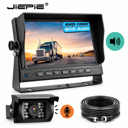 Truck Reverse Camera System with Sound, 7" AHD Monitor with Speaker Reversing 1080P Rear View Audio Camera Built-in Microphone