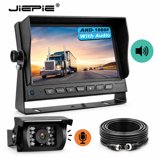 Truck Reverse Camera System with Sound, 7" AHD Monitor with Speaker Reversing 1080P Rear View Audio Camera Built-in Microphone