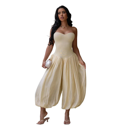 Summer Patchwork Cute and Sweet Pink Strapless Jumpsuits Midi Pants One Piece Rompers Slim Fit Women Ruched Party Jumpsuit