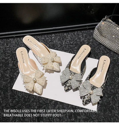 Summer New Shoes for Women Luxury Slipper Outdoor Pointed Toe Pearl Casual Sandals Girl Four Leaf Clover Flat Mules Slides