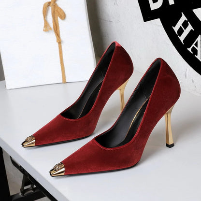 Women Peach Pink Velvet Metal Capped Pointed Toe Pumps Gold Trapezoid Thin High Heels Gentle Retro Luxury Date Banquet Ladies