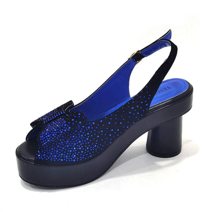 2024 Silver Fashion Square Heels with Platform African Women Shoes and Bag Set Full Crystal Pumps for Wedding Party