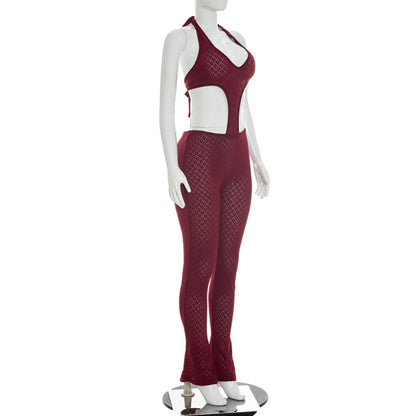 FLARORA Sexy Hollow See Through Jumpsuits Woman Trend Halter V Neck Sleeveless Backless Bandage Jumpsuit Hottie Street Overalls