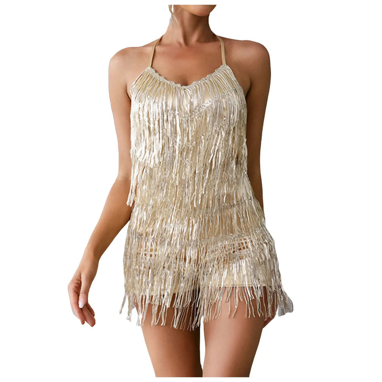 Women Fashion Tassels Sling Jumpsuits V Neck Slingback Feather Embroidery Dress Rhinestones Summer Party Night Club Bodysuit