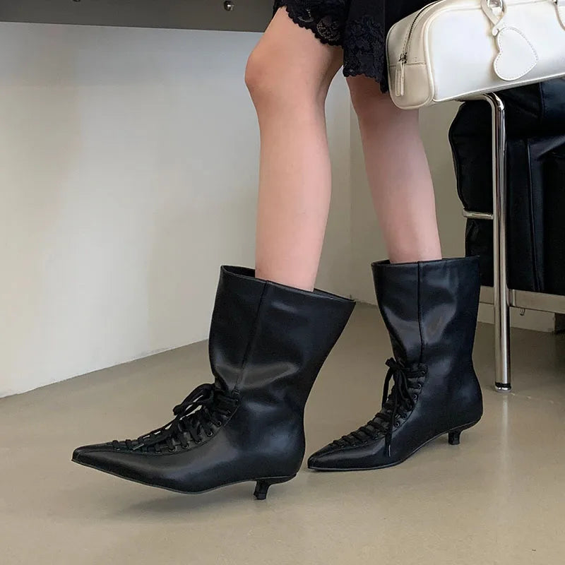 New Fashion Cross-tied Pointed Toe Women Ankle Boots Autumn Winter Thin Low Heels Party Dress Ladies Short Booties Shoes