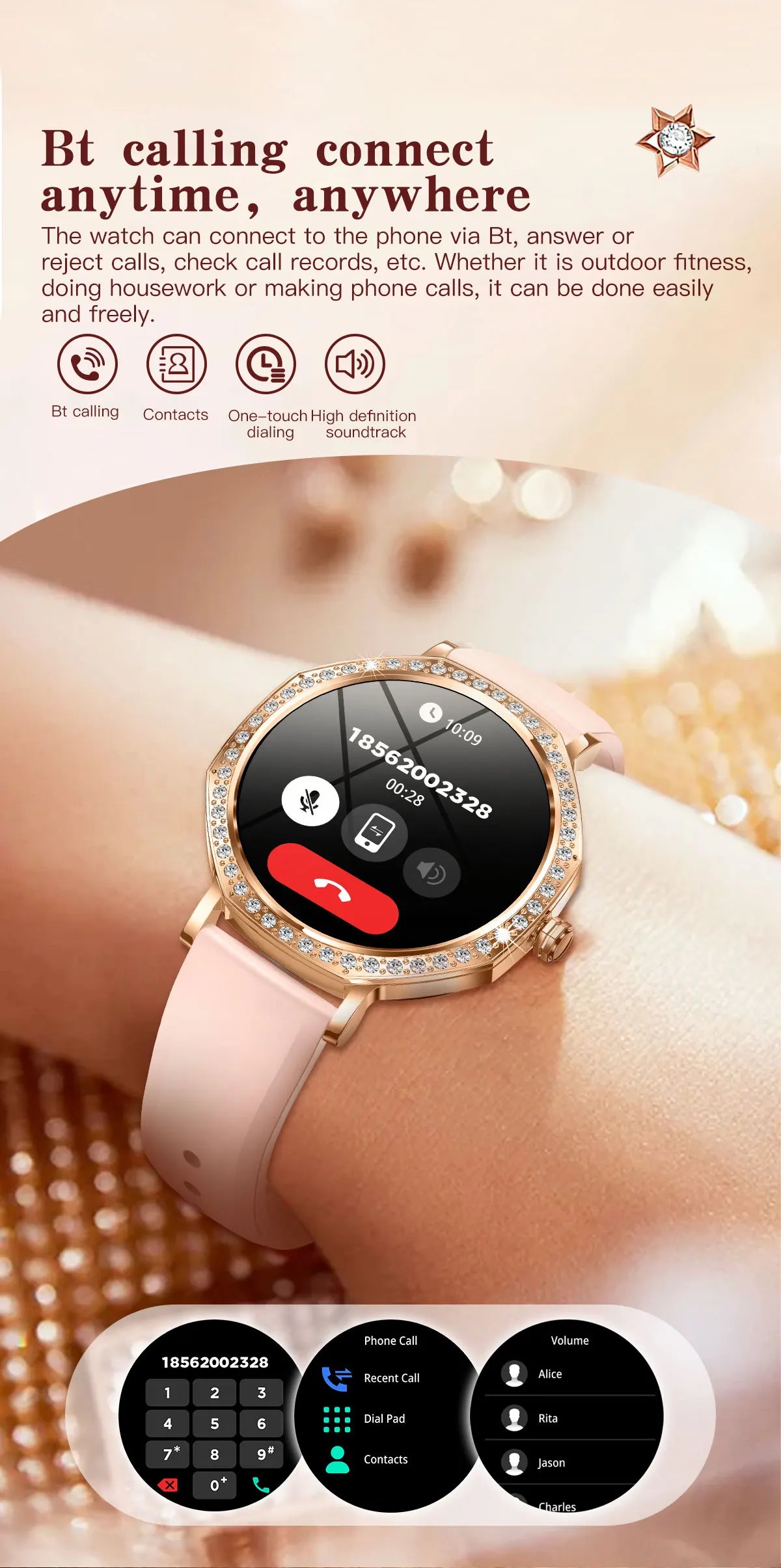 2026 New Ladies' Fashion Smartwatch Diamond Frame HD AMOLED Screen Bluetooth Call Health Monitoring Waterproof Smart Watch Gift