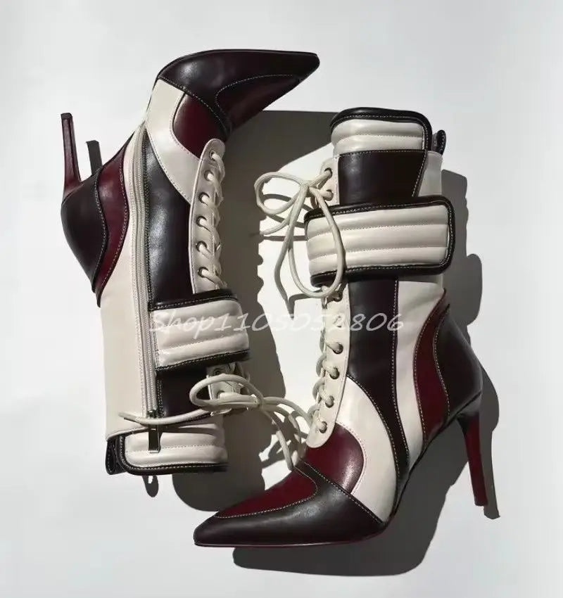 2026 Knee High Woman Boots Sexy Pointed Toe Lace-up Ladies Long Boots Thin Heel Patchwork Leather Motorcycle Boots 44