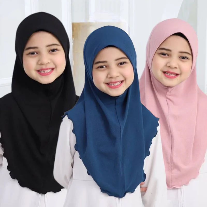 H120a big girls plain hijab hats muslim scarf islamic headscarf hat amira pull on headwrap beautiful 10 years girl scarf