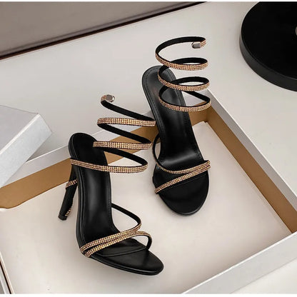 Luxury Crystal Snake Coiled Women Sandals Sexy Narrow band Thin High heels Wedding Party Female Gladiator Sandals Summer Shoes