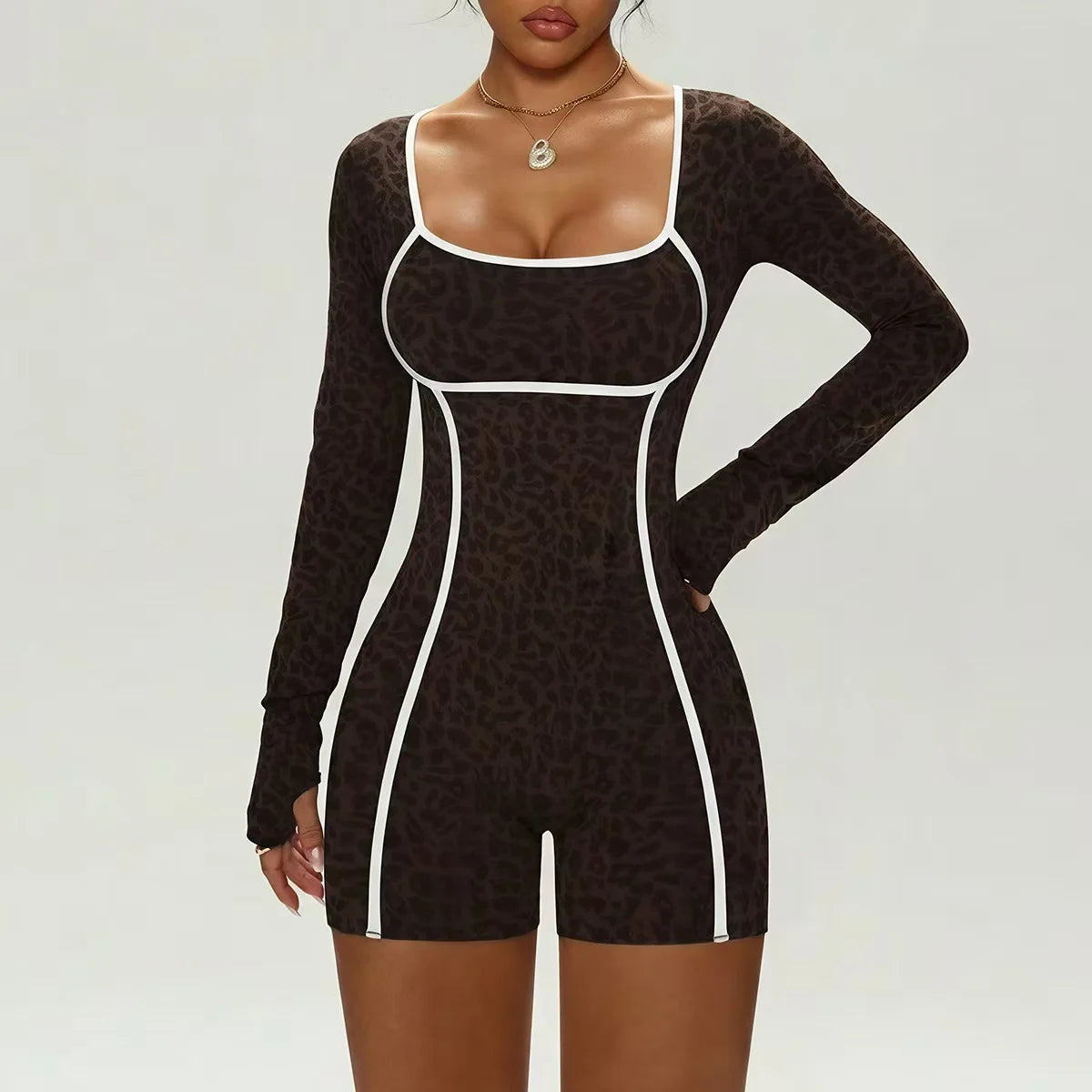 Women's Leopard Print Jumpsuit, Sexy One-Piece Long-Sleeve Bodysuit, Short Jumpsuit for Yoga & Gym, Black Streetwear