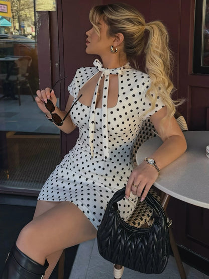 Dulzura Turtleneck Short Sleeve Lace Up Hollow Out Polka Dot Mini Dress Women'S Fashion Sexy Elegant Dress Party Vacation Outfit