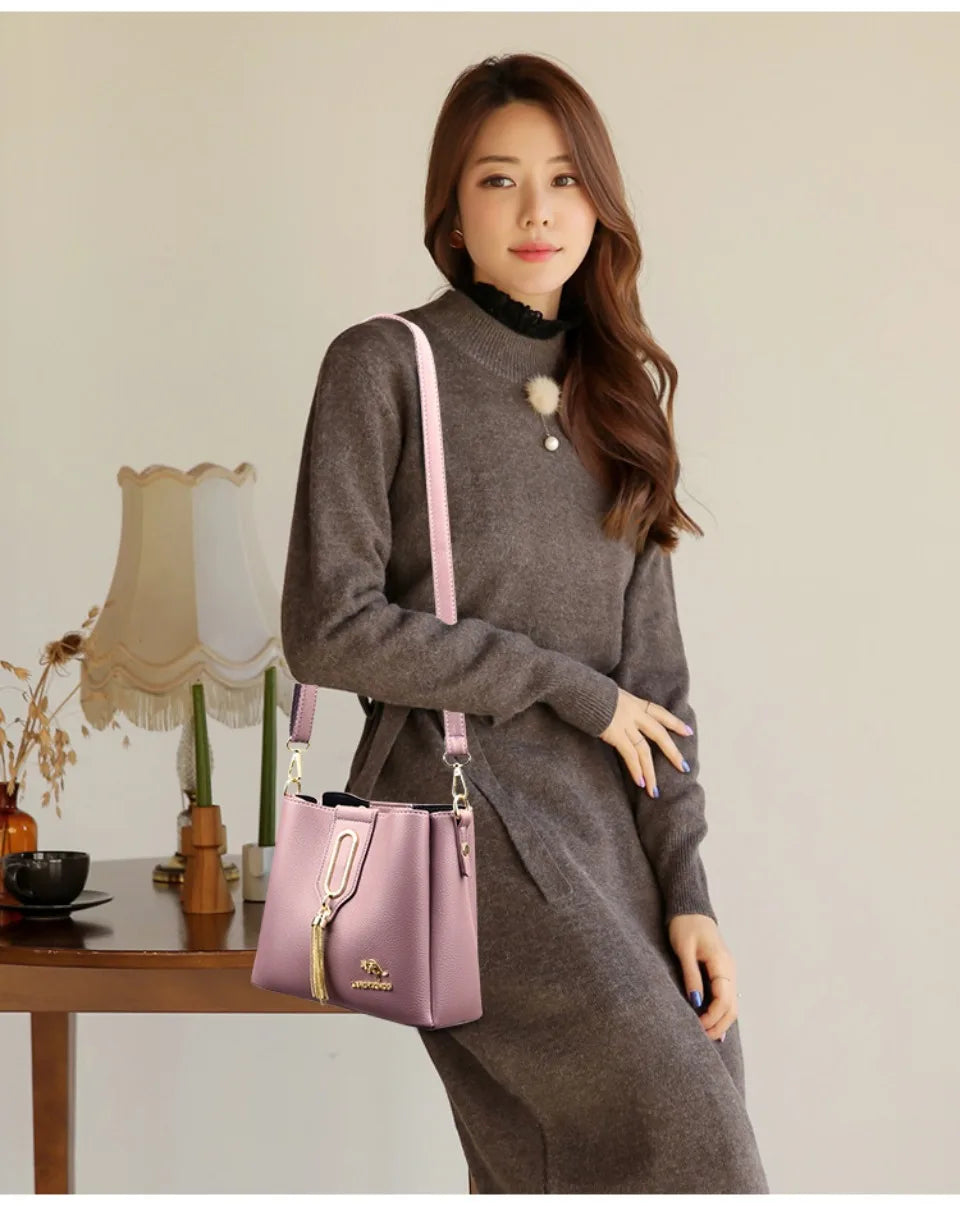 Luxury Hand bags For Women High Quality Pu Leather Three layers Ladies Shoulder Crossbody Bag Bucket Tassel Commuting Sac A Main