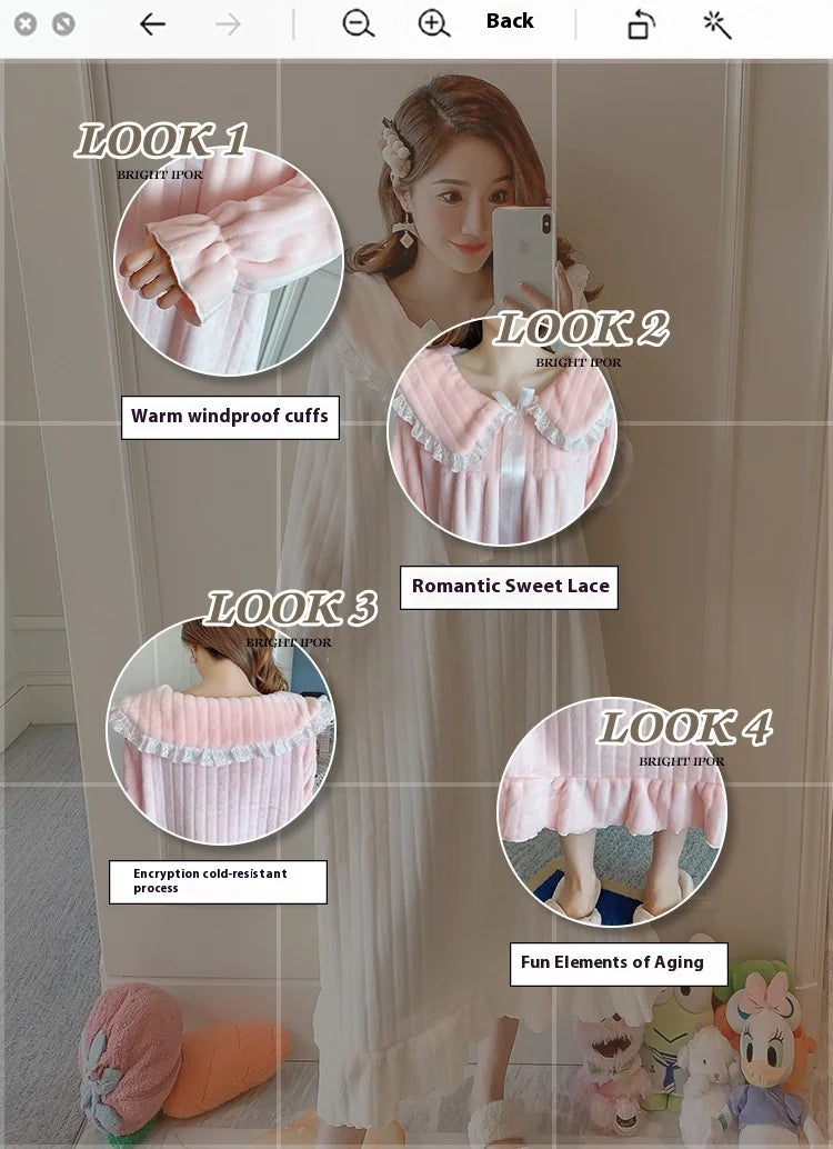 Womens Nightwear Nightdress Flannel Thickened Solid Colour Nightgown Doll Collar Student Warm Coral Velvet Ruffle Dress Robes Se