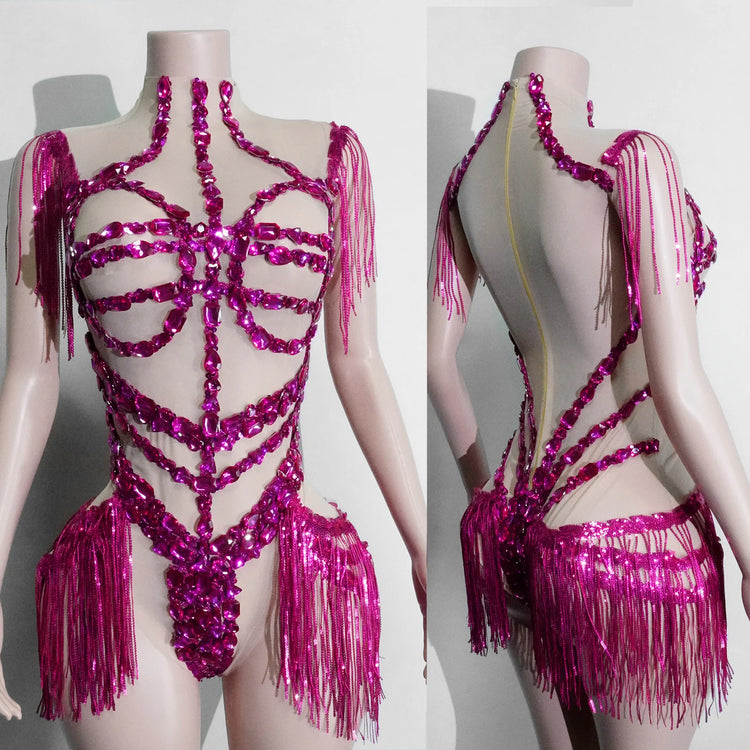Sexy Mesh Sheer Black Rhinestone Tassel Bodysuit Women Singer Dancer Stage Show Outfit Nightclub Leotard Party Performance Wear