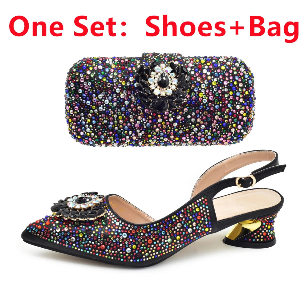 Latest Purple Italian Matching Shoes and Bag Sets Luxury Woman Pumps with Full Diamond Dual Purpose Mini Bag Wedding Shoes Bride