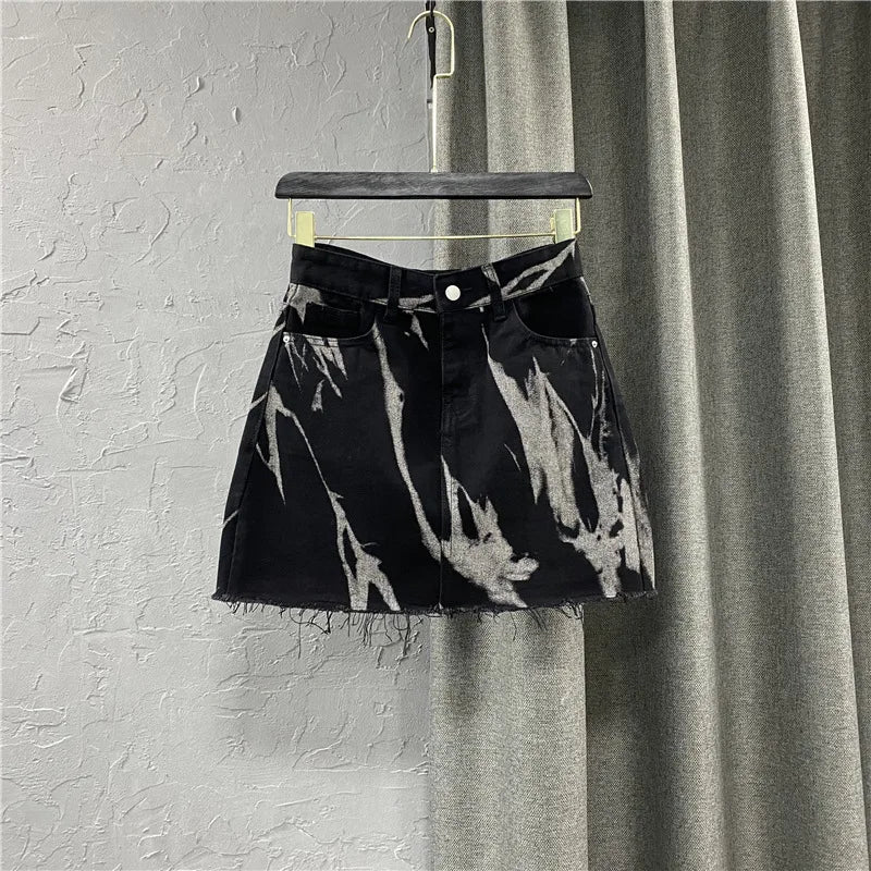 Korean Women's Denim Skirts 2026 New High Waist Slim Personalized Pattern Denim Skirt with Raw Edges A-line Half Skirt