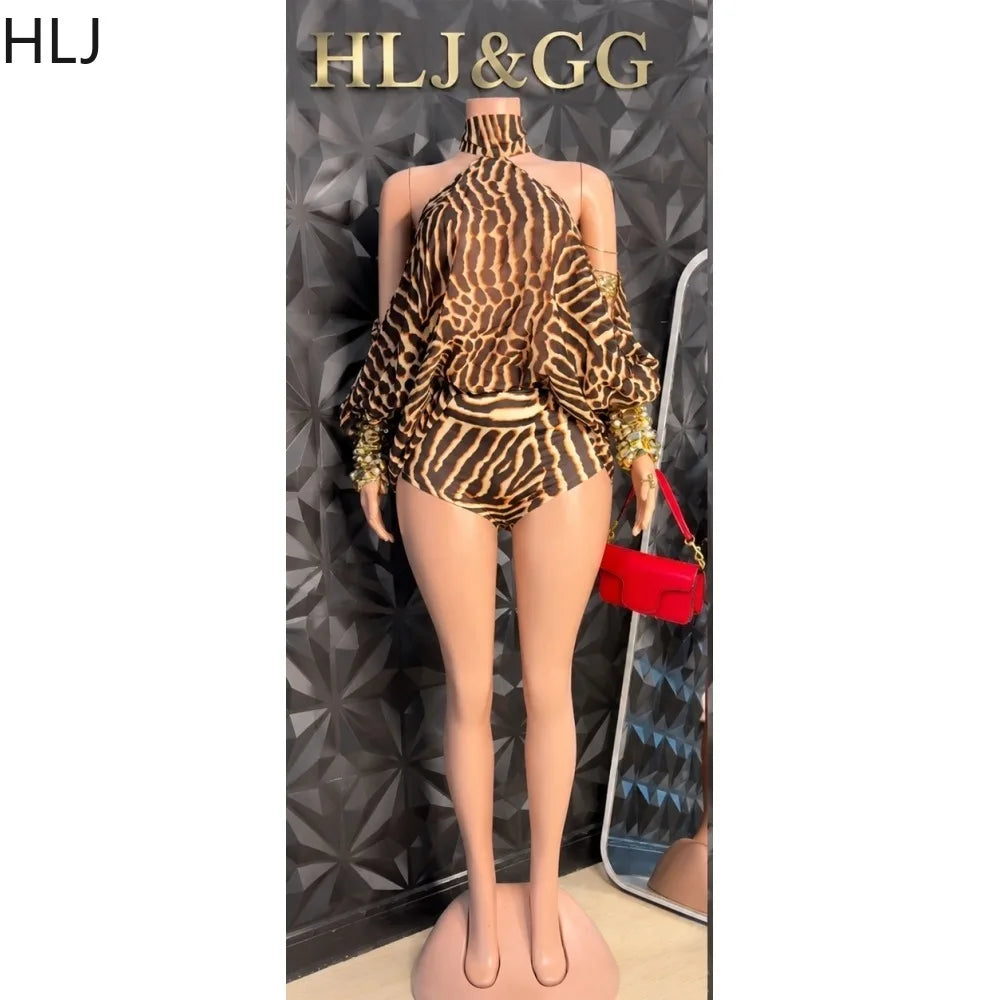 HLJ Women Zebra Print Halter Romper Cold Shoulder Flared Long Sleeve Loose Chiffon Jumpsuit + Shorts Casual Beach Summer Outfits