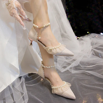 Elegant Pearl Weddings Bridal Pumps for Women 2026 Summer Silk Ankle Straps High Heels Shoes Woman Pointed Toe Dress White Shoes