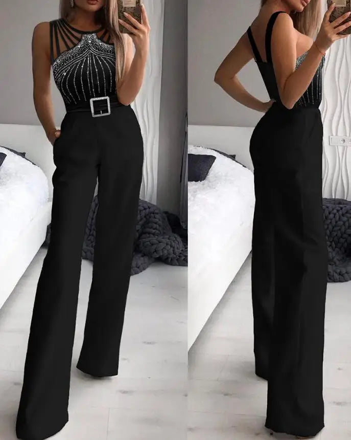 Elegant Women's Jumpsuit 2022 Autumn Fashion Contrast Mesh Long Sleeve Plain V-Neck Party Long Jumpsuit