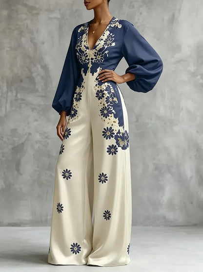 UOOZEE 2026 New Vintage Floral Printed Wide Leg Jumpsuits for Women Loose V-Neck Puff Sleeves Elegant Party Casual Overalls