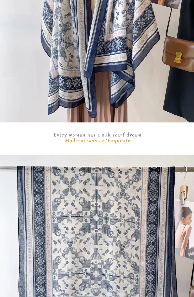Sun Protection Silk Scarf Women's Retro Ethnic Style Cotton Linen Beach Holiday Wrap Shawl Outerwear Geometric Print Korean S...