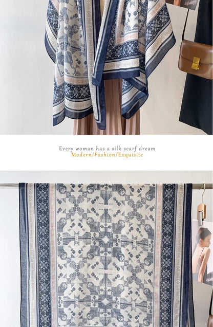 Sun Protection Silk Scarf Women's Retro Ethnic Style Cotton Linen Beach Holiday Wrap Shawl Outerwear Geometric Print Korean S...