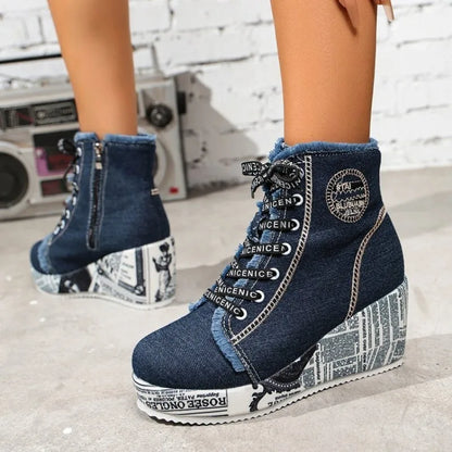 Women's Wedge Sneakers High Top Round Toe Denim-Look Lace-Up Side Zipper Letter Print Detail Casual Platform Ankle Boots 2026