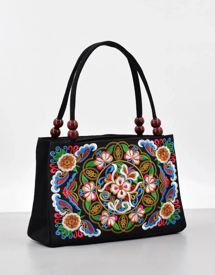 Stylish Floral Embroidered Handbag, Trendy Zipper Canvas Bag, Women's Fashion Purses