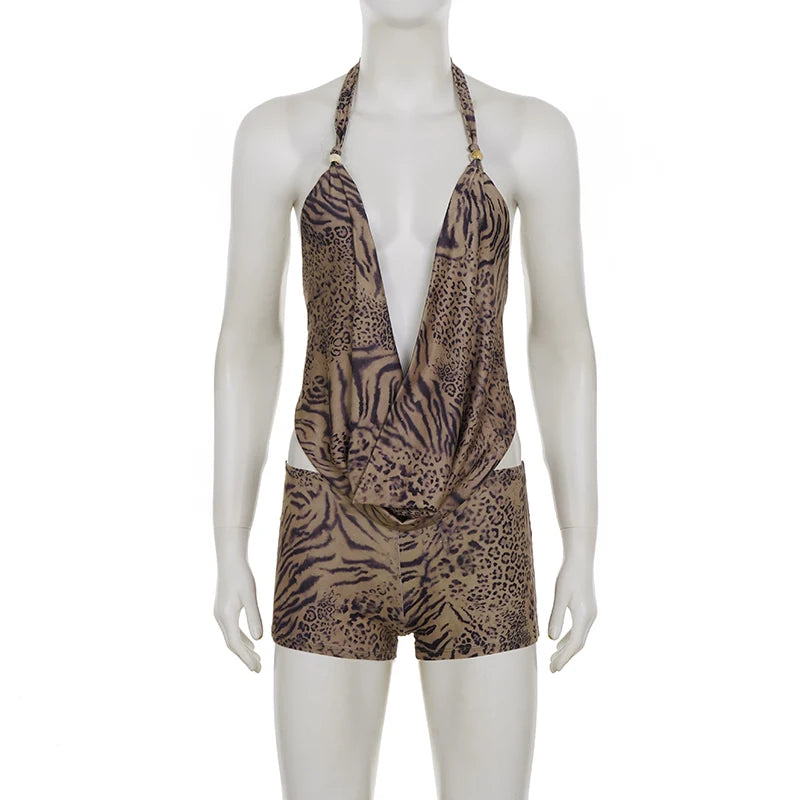 SUCHCUTE Woman Leopard Print 2 Piece Set Outfit Halter Deep V-neck Backless Crop Top & Low-Rise Shorts Sexy 2pcs Summer Clothes