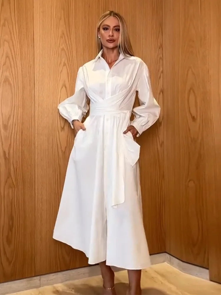 Fashion Women's Shirt Style Dress Waist-Closed Long Sleeve Turn-Down Collar Lace Up Dresses 2025 Summer Casual Female Vetidos