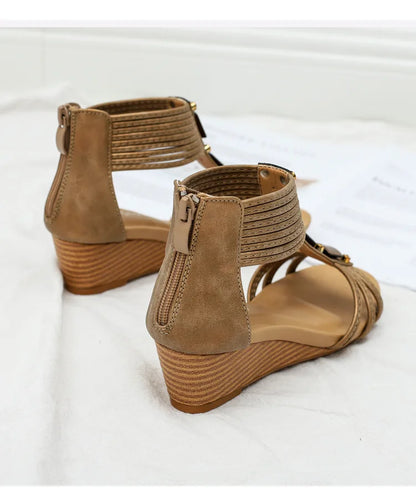 High quality leather flat sandals for women 5cm mid heel with beading summer 2026 36 42 open toe casual vintage shoe black beige