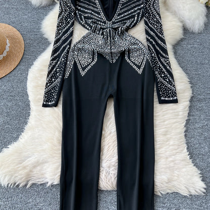 SINGREINY Sexy Senior Bodycon Jumpsuits Women Deep V-Neck Long Sleeves Zipper Diamonds Design Fashion Hotsweet Party Playsuits